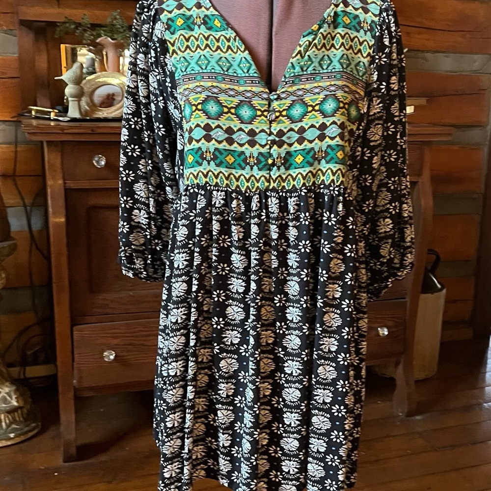 Umgee Black and Teal Long Sleeve Tunic or Dress
